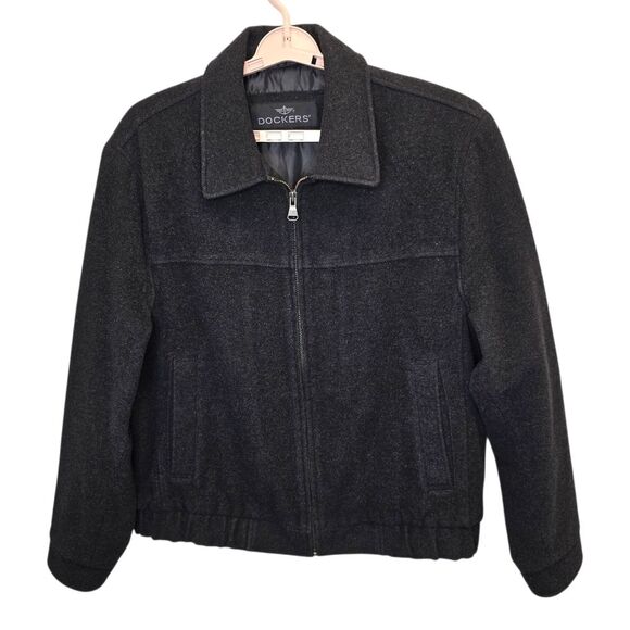 Dockers Men's L Charcoal Black Wool Blend Full Zip Bomber Coat Jacket - Picture 1 of 16